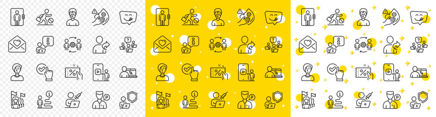 Outline Teamwork question, Engineering team and Vaccination appointment line icons pack for web with Shield, Businesswoman person, Interview line icon. Discount coupon, Medical mask. Vector