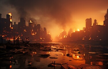 a picture of a city that has been completely destroyed by fire. - obrazy, fototapety, plakaty