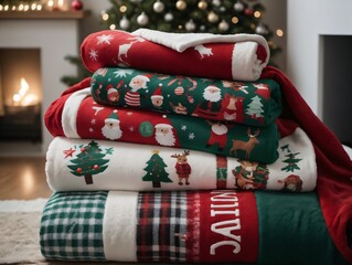 Fototapeta na wymiar A Pile Of Christmas Blankets