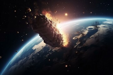 Cataclysmic event: asteroids on collision course with Earth, bringing destruction and chaos. Technological advance. Generative AI