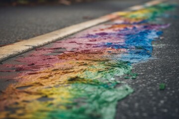 Colorful rainbow stain on wet road, textured abstract background depicting environmental pollution. Generative AI