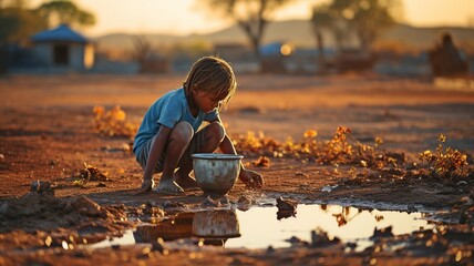 A boy is drawing water from the last available source in a dry environment with a plastic bucket. idea that global warming will result in a shortage of clean water.