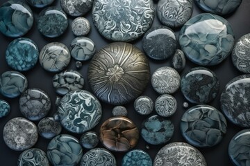 Top-down view of various sized round rocky elements adorned with creative ornament on a shiny surface. Generative AI