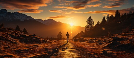 silhouette of single trail runner man, at sunrise while running in mountains with steep path - obrazy, fototapety, plakaty