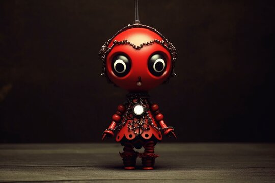 Geometric steampunk style cog doll in monochrome red, with light bulb body. Generative AI