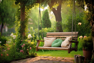 beautiful wooden cozy swing hanged with rope in a green home garden backyard with green plants and trees and relaxation morning spring light for home landscaping design concepts - obrazy, fototapety, plakaty