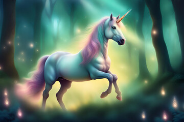 Obraz na płótnie Canvas Unicorn in the forest. Fantasy magic illustration. Vector. Generative AI
