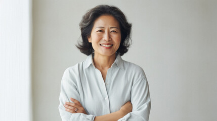 Smiling asian businesswoman in beige suit on grey background.