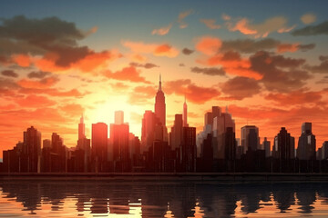 Obraz premium Manhattan skyscrapers cityscape downtown landmark sunset skyline sky architecture urban city travel buildings