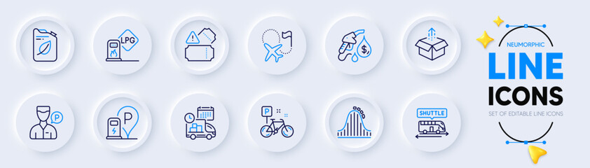 Bike, Petrol station and Send box line icons for web app. Pack of Canister, Tickets, Gas station pictogram icons. Destination flag, Roller coaster, Shuttle bus signs. Valet servant, Delivery. Vector