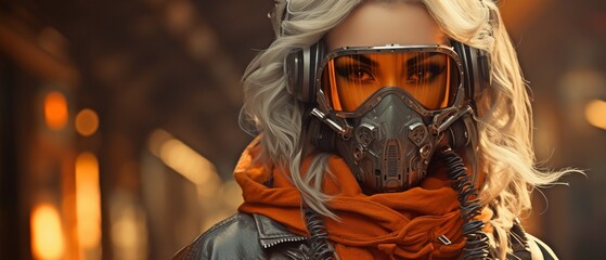 Chic cyberpunk female with a leather hoodie jacket, safety eyewear and a gas mask.