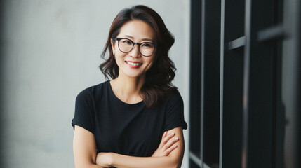 Portrait of a smiling asian businesswoman in eyeglasses on black background. - obrazy, fototapety, plakaty
