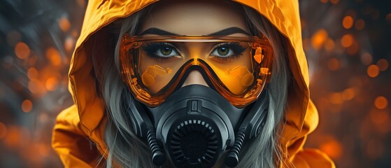 Chic cyberpunk female with a leather hoodie jacket, safety eyewear and a gas mask. - obrazy, fototapety, plakaty