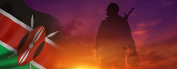 Silhouette of the soldier on Kenya flag background. National day. 3d illustration