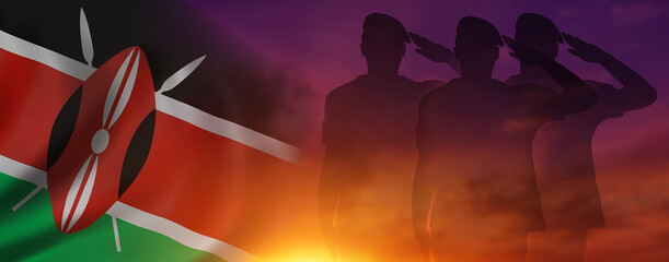 Silhouette of the soldier on Kenya flag background. National day. 3d illustration