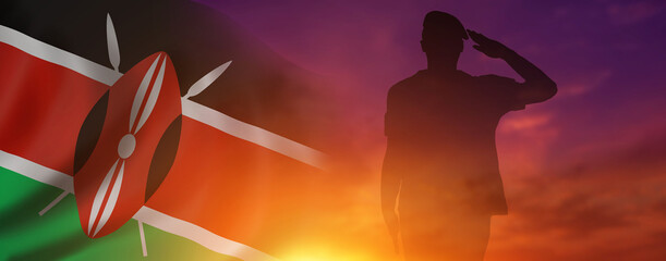 Silhouette of the soldier on Kenya flag background. National day. 3d illustration