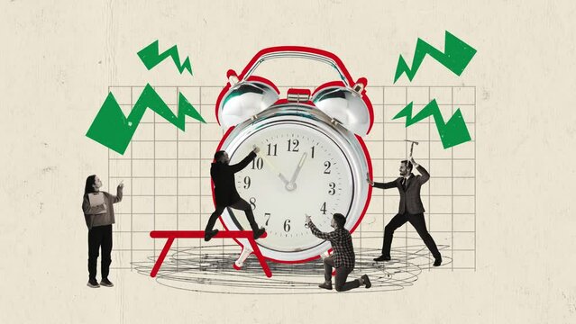 Creative Stop motion. Animation. young workers start work raise big huge clock over painting background. Work schedule.