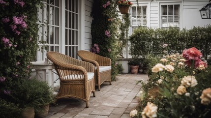 A charming outdoor seating area with wicker chairs. AI generated