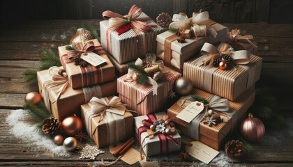 Captivating photograph showcasing elegantly wrapped Christmas gifts, meticulously stacked with a variety of ribbons and tags. The scene unfolds on a rustic wooden surface dotted with pine needles and  - obrazy, fototapety, plakaty