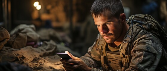 Using a cell phone during boot camp warfare, a military soldier in the middle. A soldier in a historical reenactment using a texting smartphone that is out of date. - obrazy, fototapety, plakaty
