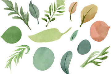 Naklejka premium Watercolor leaves and twigs on a white background. Generative AI