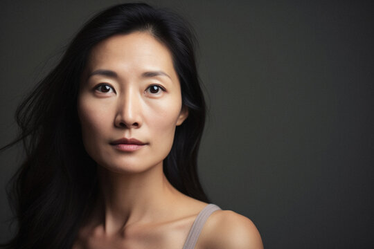 Portrait of beautiful asian woman in grey top.