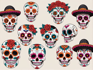 A Set Of Skulls With Different Colors And Patterns