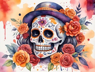Watercolor Skull With Flowers