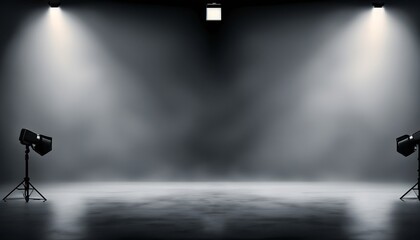 An empty Studio dark room with spotlights, concrete floor, well-equipped photography studio, with a foggy or mist background