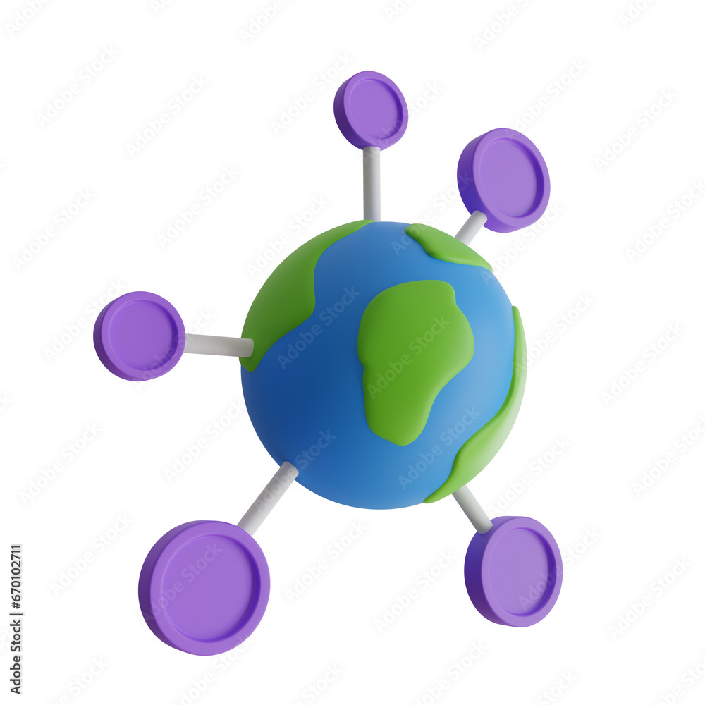 Poster 3d blue network chart model with three node blossoms. lavender-themed 3d network chart model for dat