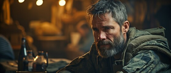 Man in therapy for mental health issues, depression, or bereavement following a military conflict who is depressed and has post-traumatic stress disorder. Exasperated.