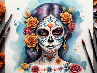 A Woman With A Sugar Skull Face Painted In Watercolor