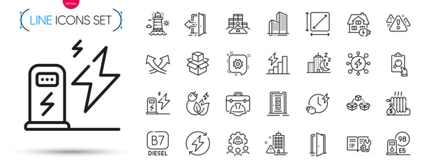 Pack of Night city, Construction toolbox and Parcel shipping line icons. Include Door, Engineering team, Square area pictogram icons. Open door, Entrance, Charging time signs. Vector