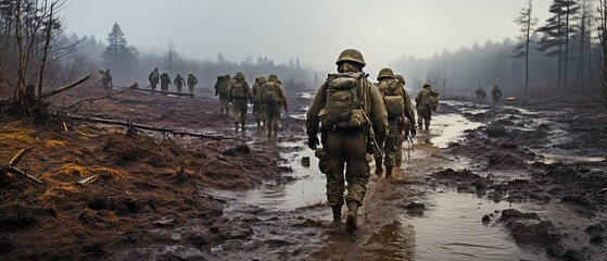 rushing troops through a muddy field on a misty day. the onset of conflict. - obrazy, fototapety, plakaty