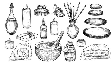 Spa set with bottles, towel, mortar and pestle. Hand drawn vector illustrations in black and white colors for clipart or beauty cosmetic design. Big bundle for aromatherapy or alternative medicine. - obrazy, fototapety, plakaty