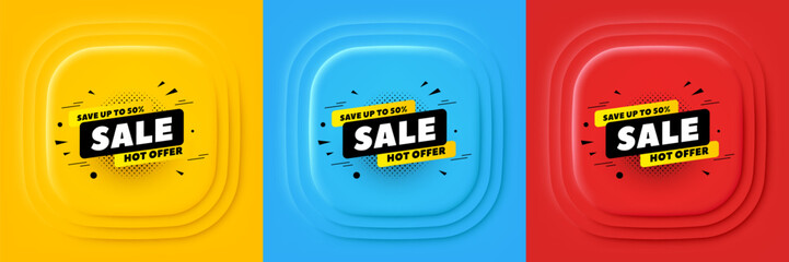 Sale 50 percent off banner. Neumorphic offer banner, flyer or poster. Discount sticker shape. Coupon tag icon. Sale 50 percent promo event banner. 3d square buttons. Special deal coupon. Vector - obrazy, fototapety, plakaty