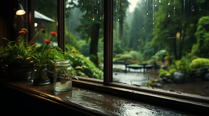 Rainy day outside the window, Water droplets on the glass on a rainy day. rain drops. generative ai - obrazy, fototapety, plakaty