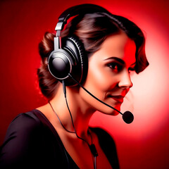 Woman wearing headphones with microphone on red background