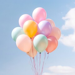 Colorful balloons flying in the pink sky. Festive mood for a birthday, anniversary, wedding. A bright postcard for the event