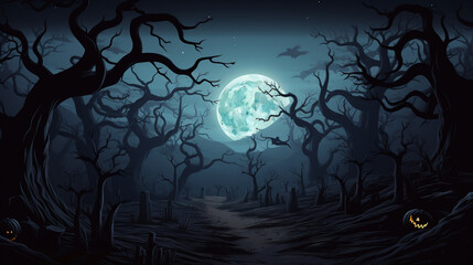 halloween background with creepy landscape of night sky fantasy forest in moonlight. generative ai