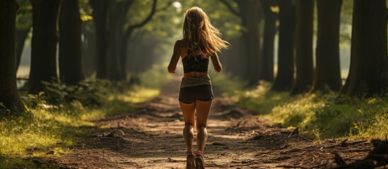 A woman runs on a trail on a sunny morning on a forest road. against the direction of sunlight - obrazy, fototapety, plakaty