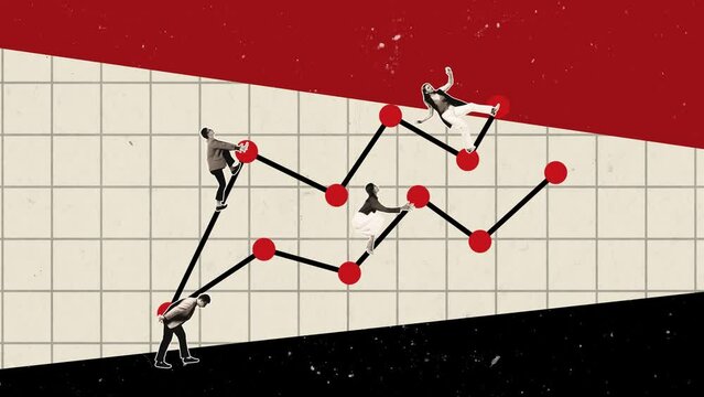 Stop motion. Animation. Motivated employees climbing upwards arrows of graphs symbolizing promotion and success.