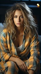 Fototapeta premium Depressed Woman Wearing Pyjamas While Sitting in Bed.