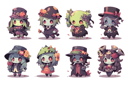 Cute little zombie, Halloween, illustration set ,chibi characters,white background.Generative AI