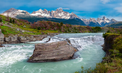Waterfall and rapids in Torres del Paine National Park in Patagonia, southern Chile, South America.