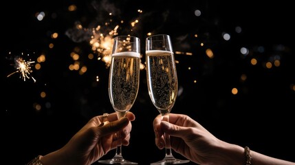 Glasses with champagne in hand at the celebration table in dark background close-up. Celebration of the occasion. Toast