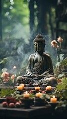 Zen Tempel: Buddha Head in Smoke Meditation.