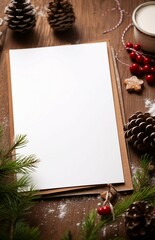 A blank paper surrounded by pine cones and Christmas decorations