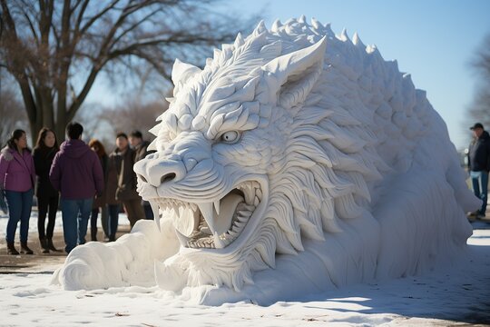 Giant dragon made of snow at an outdoor festival