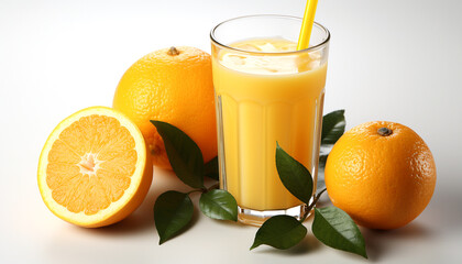 Sun-kissed oranges, one halved to reveal its juicy interior, lie elegantly with verdant leaves beside a tall glass of smooth orange juice on a white background.